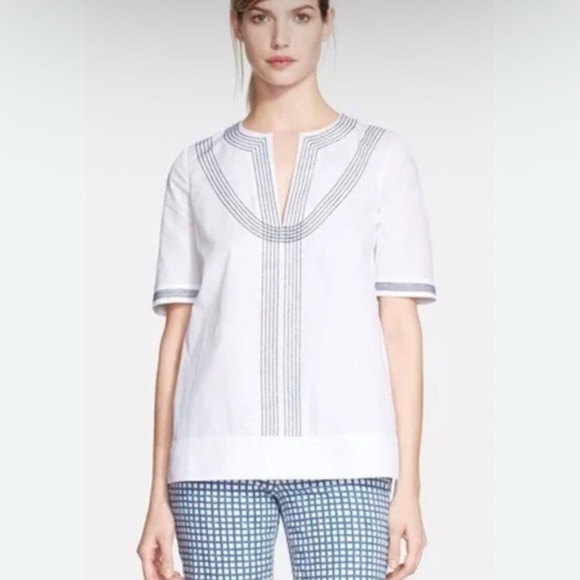 Tory Burch Embroidered Poplin relaxed Tunic White & Navy Details Cotton Size 2 - Picture 1 of 7
